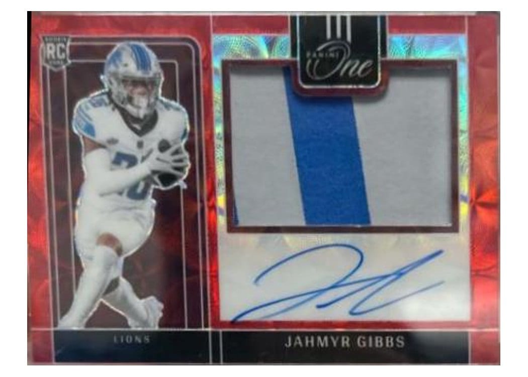 2023 Panini One Precision Rookie Patch Autographs Jahmyr Gibbs Red Patch Autograph #314 card
