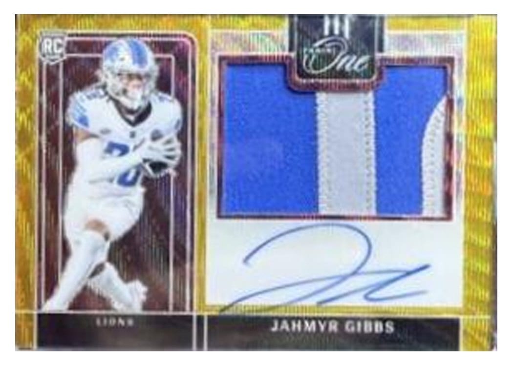 2023 Panini One Precision Rookie Patch Autographs Jahmyr Gibbs Gold Patch Autograph #314 card
