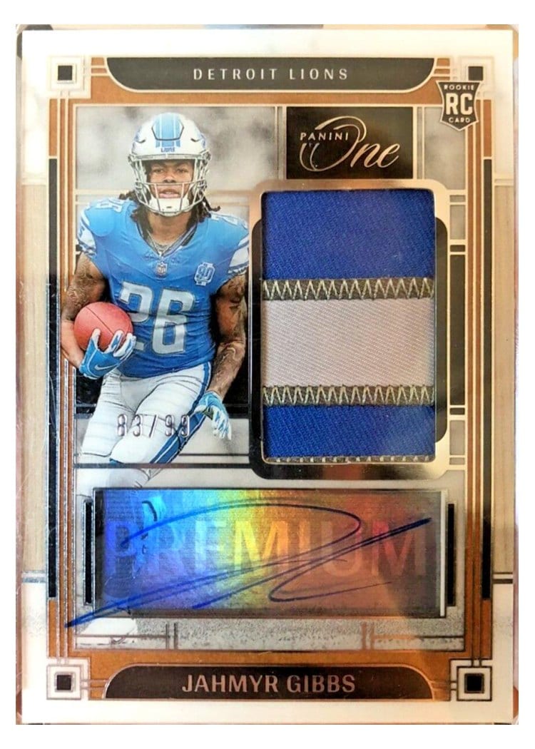 2023 Panini One Premium Rookie Patch Autographs Jahmyr Gibbs #132 card