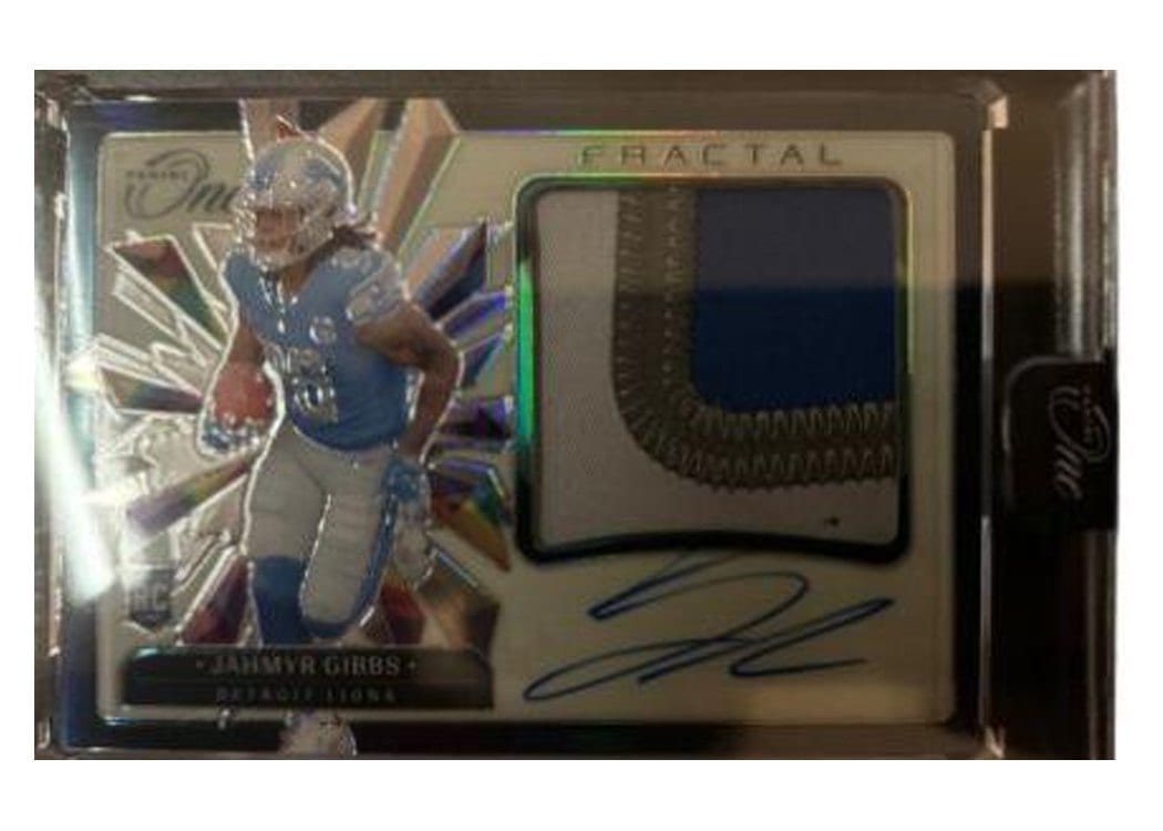 2023 Panini One Rookie Fractal Jahmyr Gibbs Patch Autograph #385 card