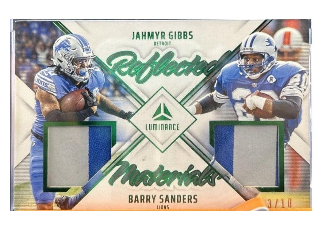 2024 Panini Luminance Reflected Materials Jahmyr Gibbs / Barry Sanders #RM-DET card