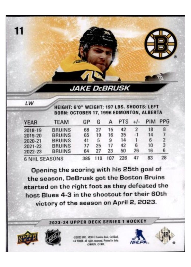 2023-24 Upper Deck Base Set Jake DeBrusk #11 card