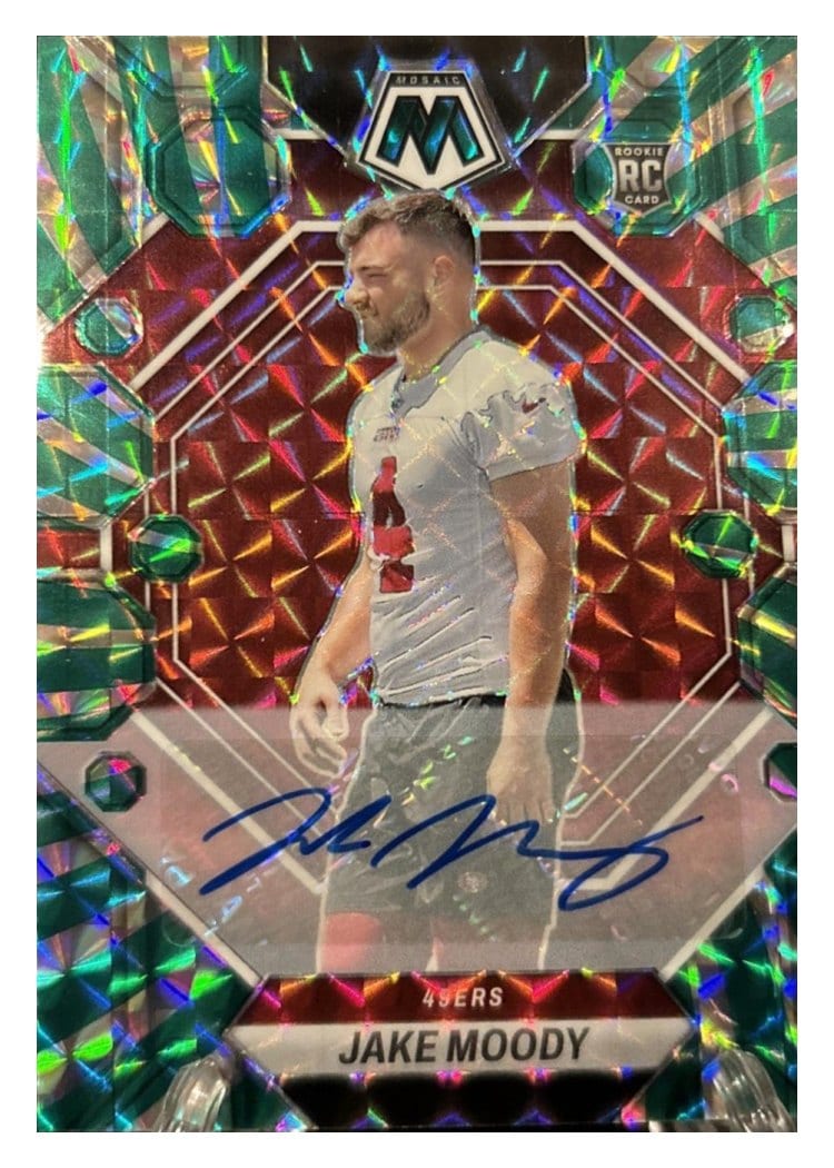 2023 Panini Mosaic Base Set Jake Moody Autograph Green Swirl #326 card
