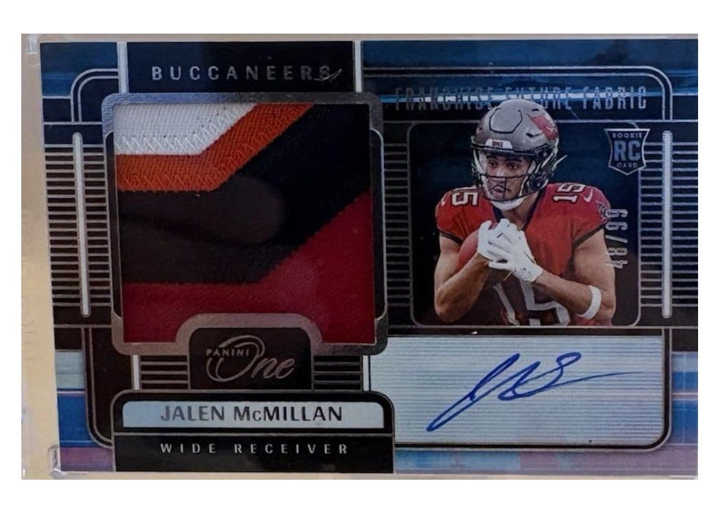 2024 Panini One Franchise Future Fabric Autographs Jalen McMillan #96 card