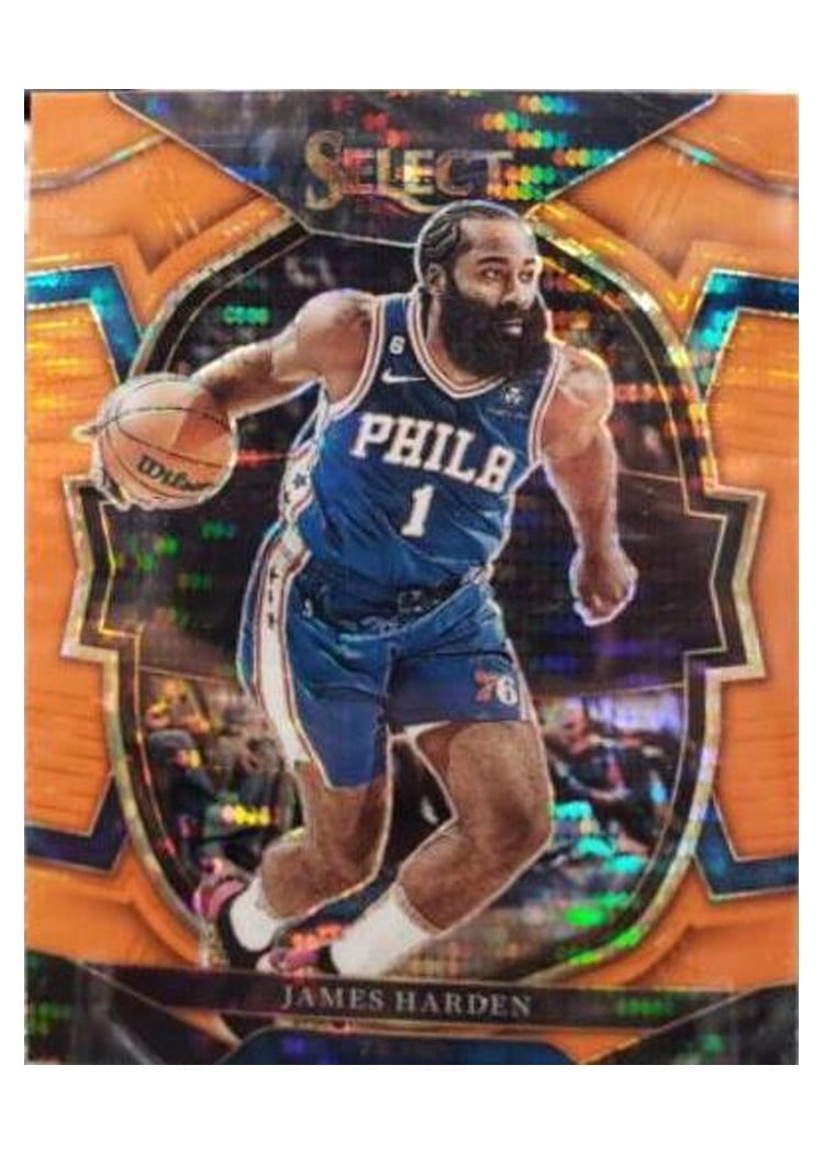 2022-23 Panini Select Base Set James Harden Neon Orange Pulsar Prizm #25 card