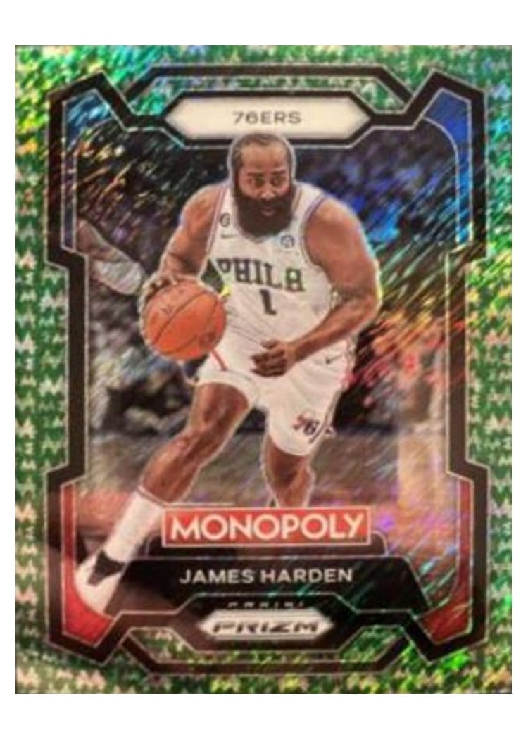 2023-24 Panini Prizm Monopoly Base Set James Harden Green Millionaire Shimmer #67 card