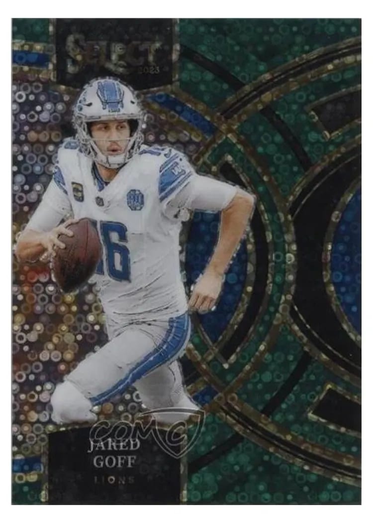 2023 Panini Select Base Set Jared Goff Disco Green Prizm #178 card