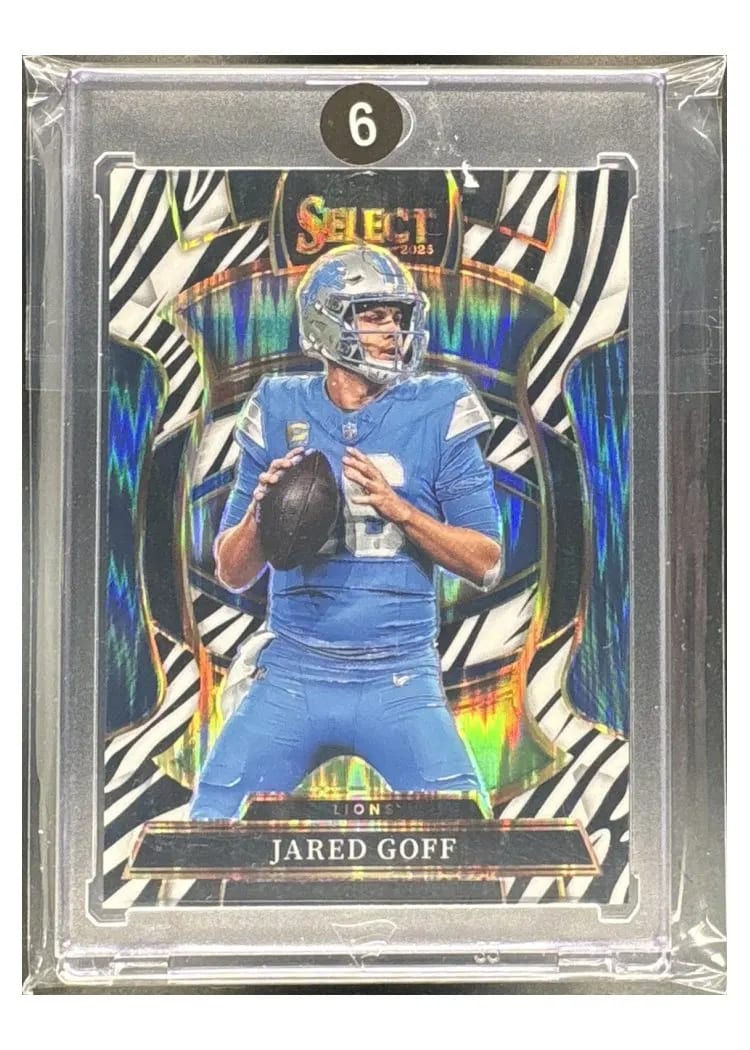 2025 Panini Select Base Set Jared Goff Zebra Prizm Shock #69 card