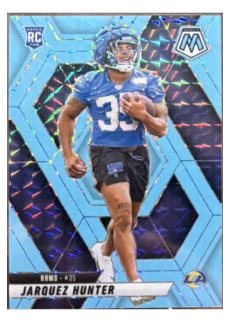 2025 Panini Mosaic Base Set Jarquez Hunter Blue Fluorescent #380 card