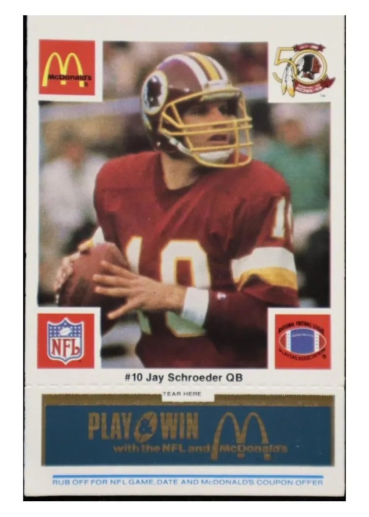 1986 McDonald's Redskins Jay Schroeder #10 card