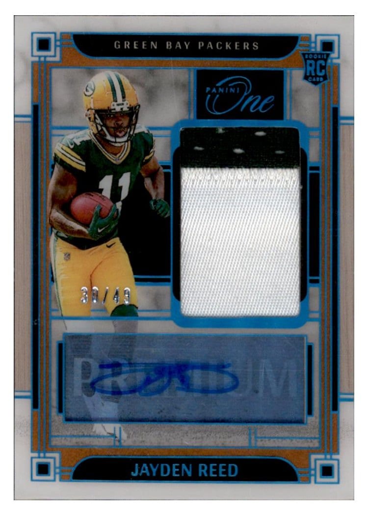 2023 Panini One Premium Rookie Patch Autographs Jayden Reed #134 card