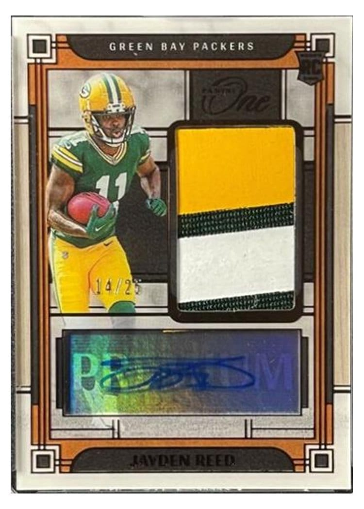 2023 Panini One Premium Rookie Patch Autographs Jayden Reed #134 card