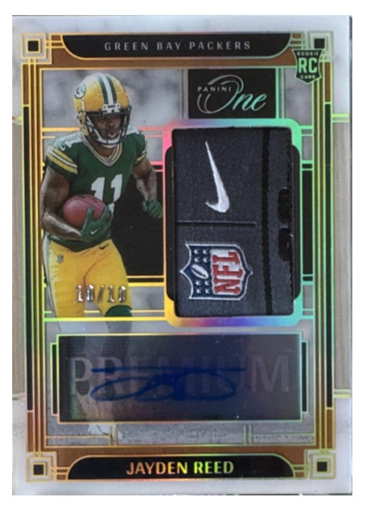 2023 Panini One Premium Rookie Patch Autographs Jayden Reed #134 card