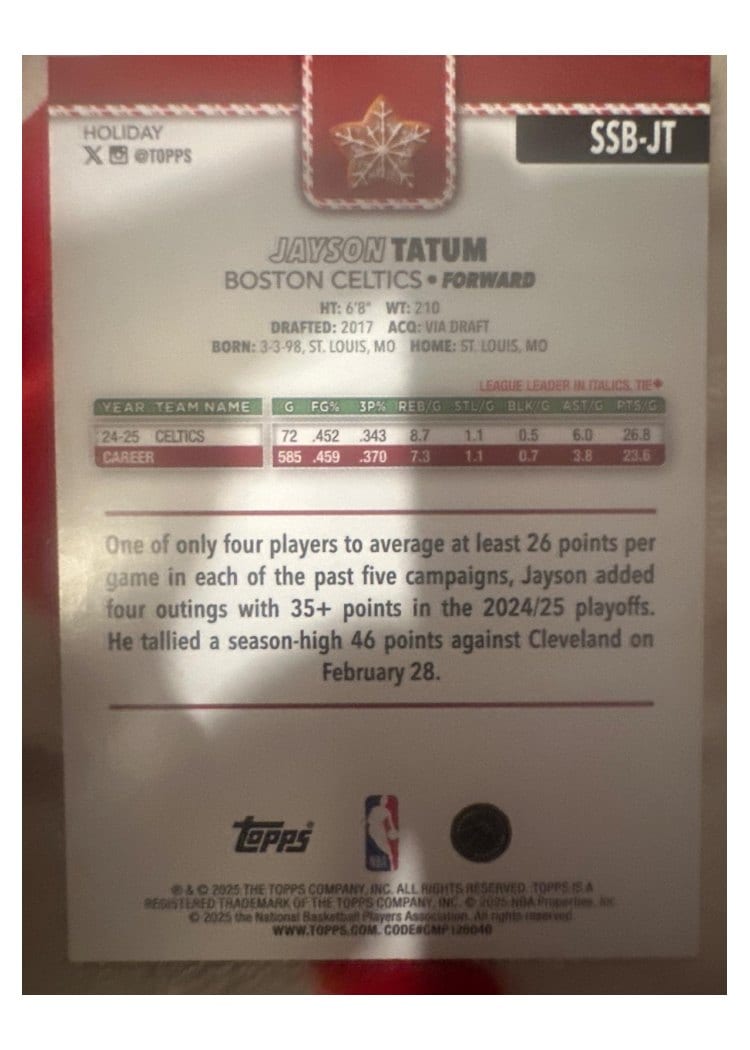 2025-26 Topps Holiday SSP Back Variations Jayson Tatum #SSB-JT card