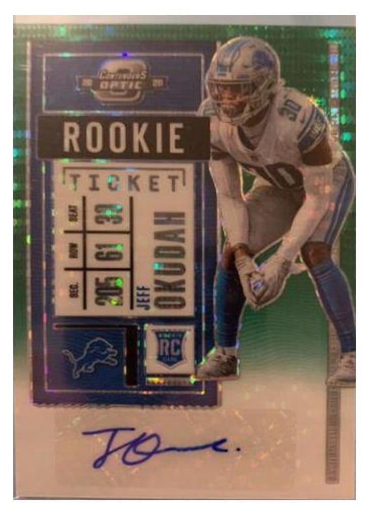 2020 Panini Contenders Optic Base Set Jeff Okudah Autograph Green Pulsar #143 card