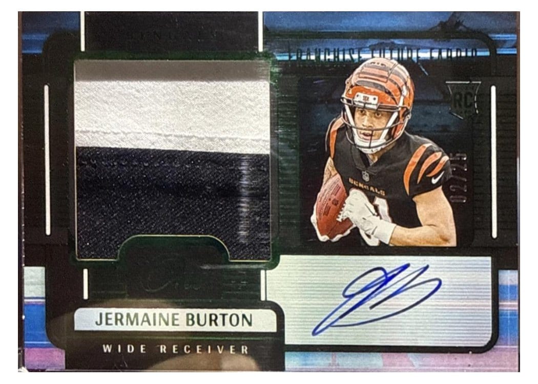 2024 Panini One Franchise Future Fabric Autographs Jermaine Burton #98 card