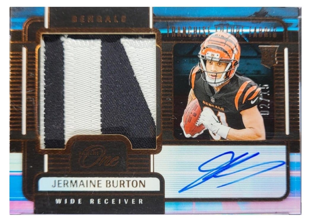 2024 Panini One Franchise Future Fabric Autographs Jermaine Burton #98 card