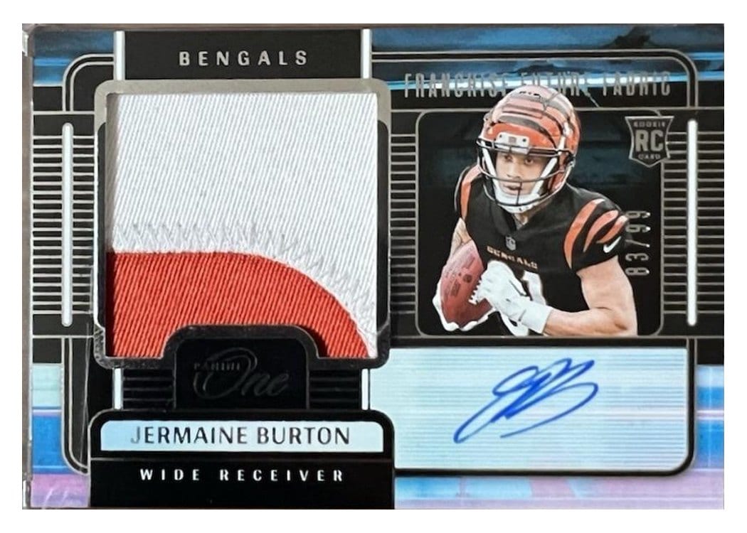 2024 Panini One Franchise Future Fabric Autographs Jermaine Burton #98 card