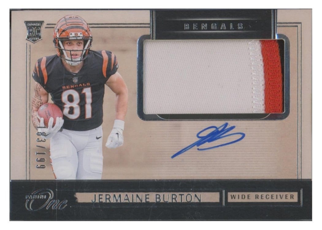 2024 Panini One Rookie Patch Autographs Jermaine Burton #30 card