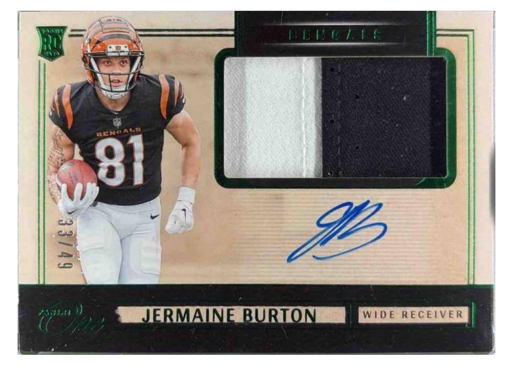 2024 Panini One Rookie Patch Autographs Jermaine Burton Green Rookie Patch Autograph #30 card