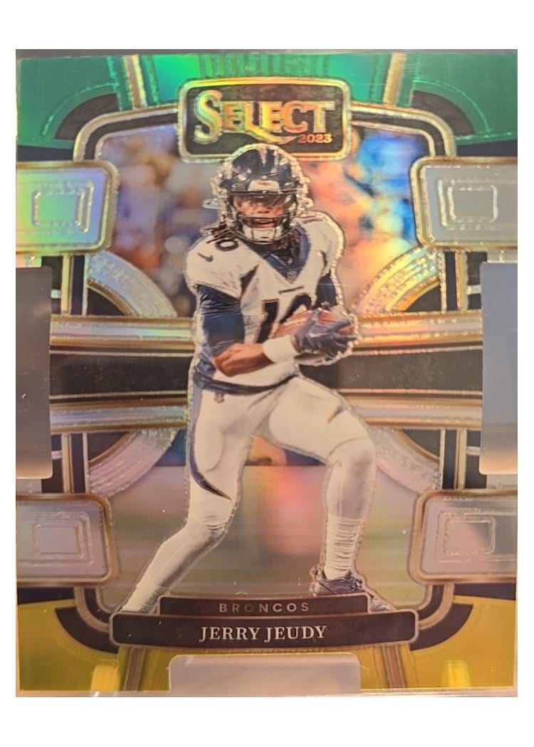 2023 Panini Select Base Set Jerry Jeudy Green Yellow Prizm Die-Cut #31 card