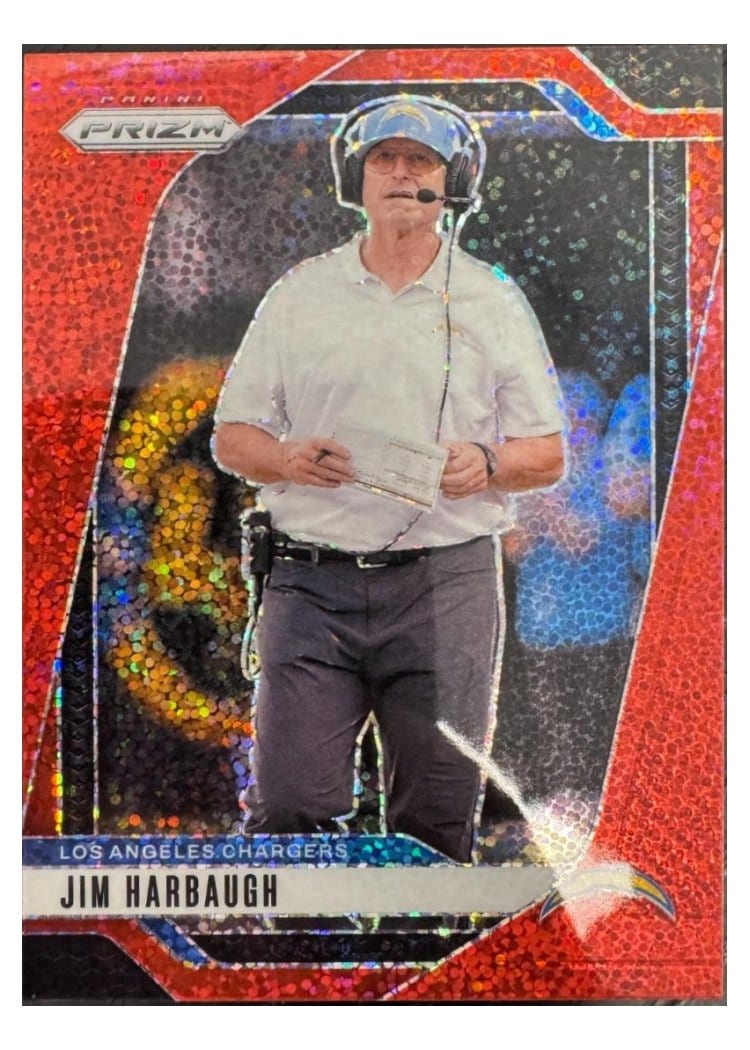 2024 Panini Prizm Base Set Jim Harbaugh Red Sparkle #163 card