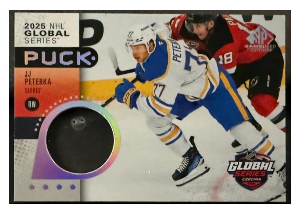 2025-26 SP Game Used 2024 Global Series Devils vs. Sabres Puck Relics JJ Peterka #GSP-JP card