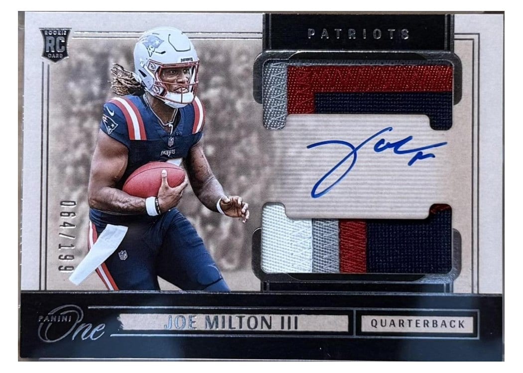 2024 Panini One Rookie Dual Patch Autographs Joe Milton III Rookie Dual Patch Autograph #35 card