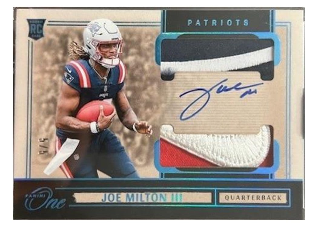 2024 Panini One Rookie Dual Patch Autographs Joe Milton III Platinum Rookie Dual Patch Autograph #35 card
