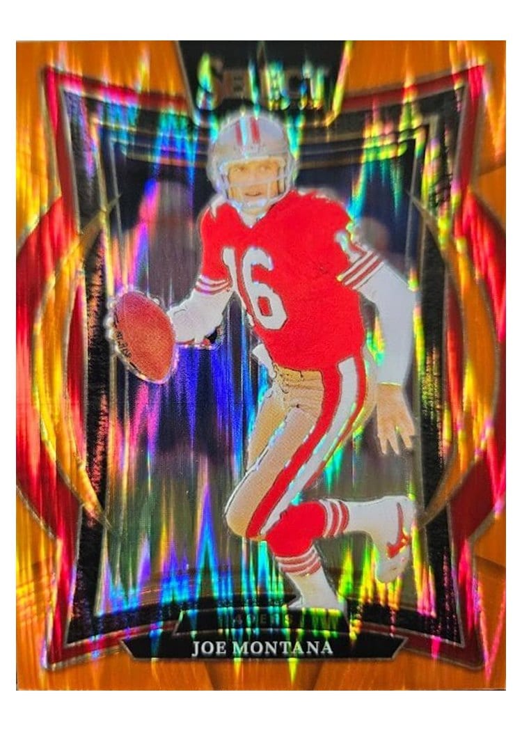 2024 Panini Select Base Set Joe Montana Orange Prizm Shock #70 card
