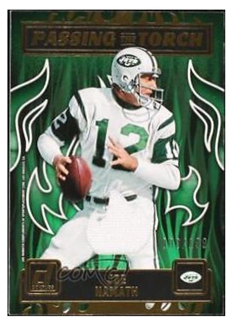 2023 Donruss Passing the Torch Jersey Relics Joe Namath / Aaron Rodgers #PTT-1 card