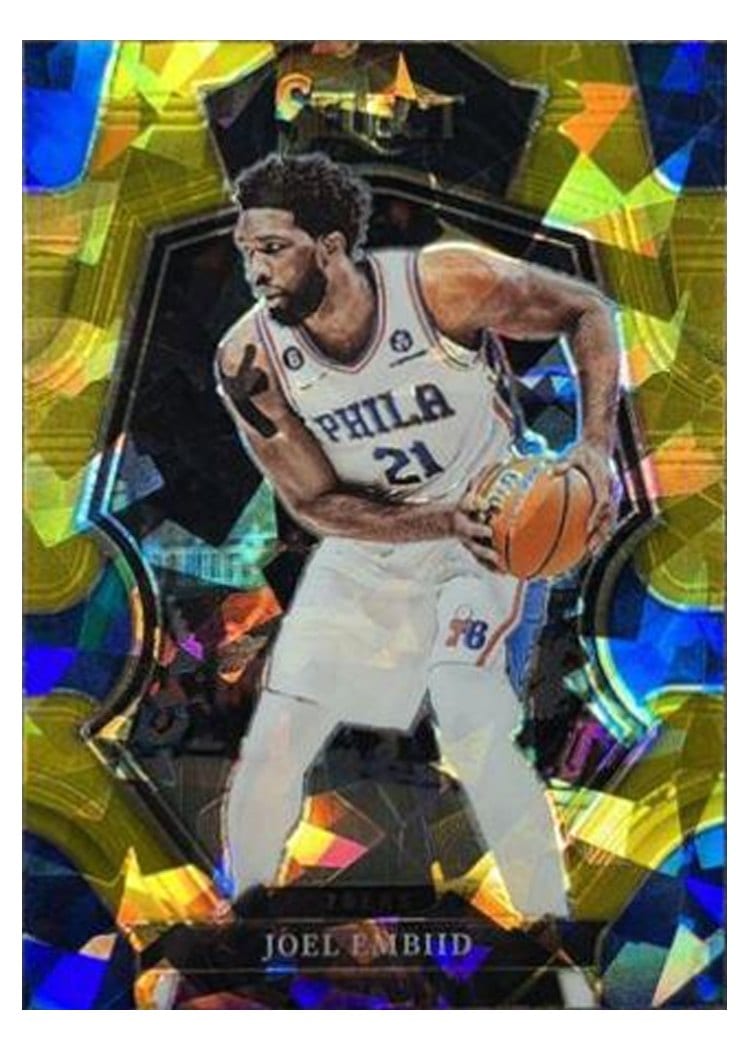 2022-23 Panini Select Base Set Joel Embiid Gold Cracked Ice Prizm #147 card