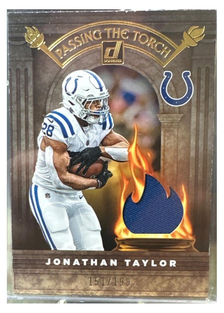 2022 Donruss Passing the Torch Jerseys Jonathan Taylor / Marshall Faulk #PTTJ-1 card