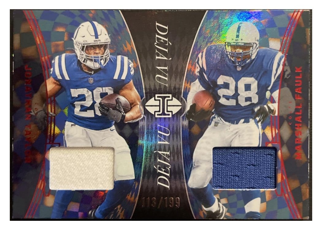 2024 Panini Illusions Deja Vu Dual Relics Jonathan Taylor/Marshall Faulk #16 card