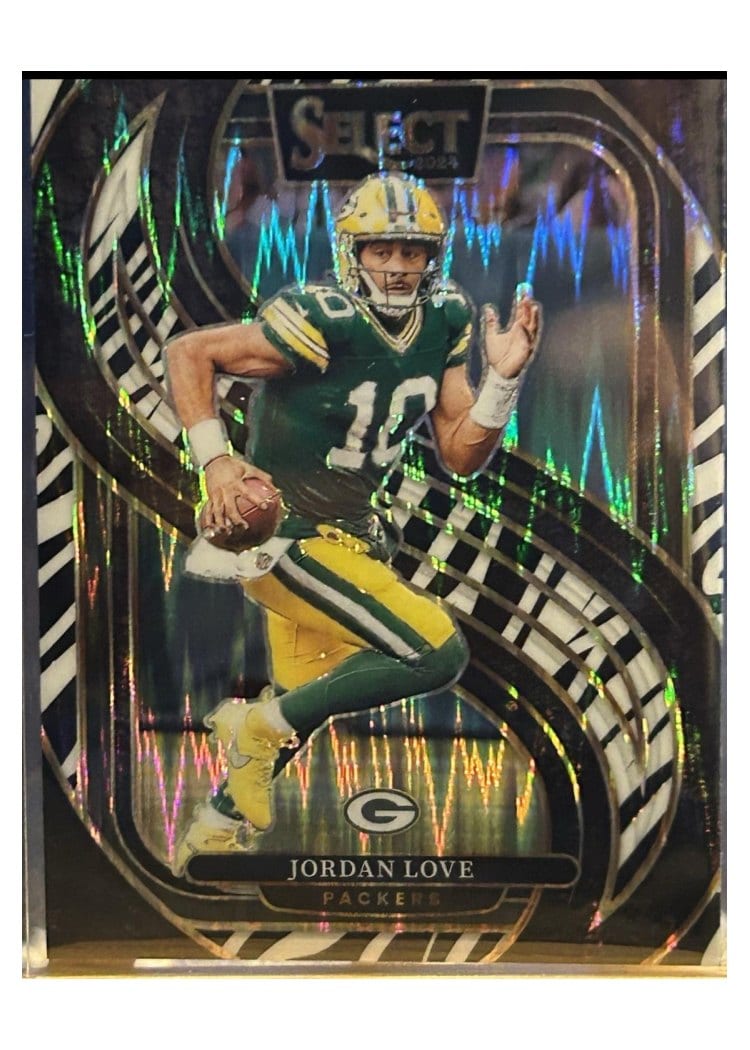 2024 Panini Select Base Set Jordan Love Zebra Prizm Shock #172 card