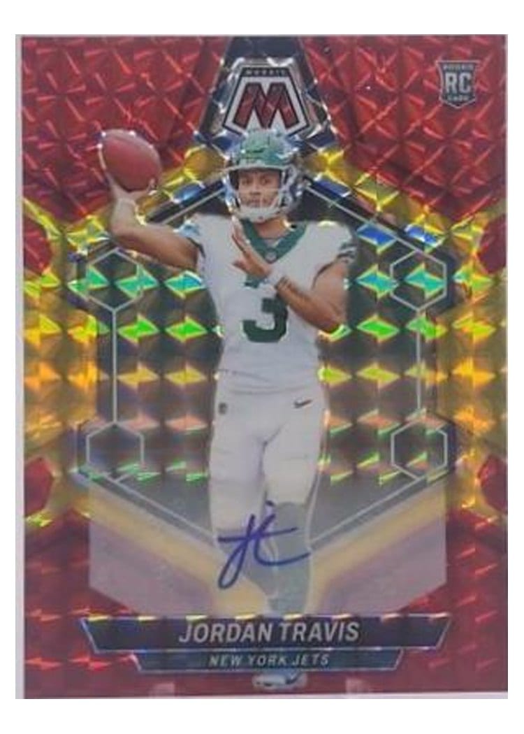 2024 Panini Mosaic Base Set Jordan Travis Autograph Choice Fusion Red and Yellow #395 card