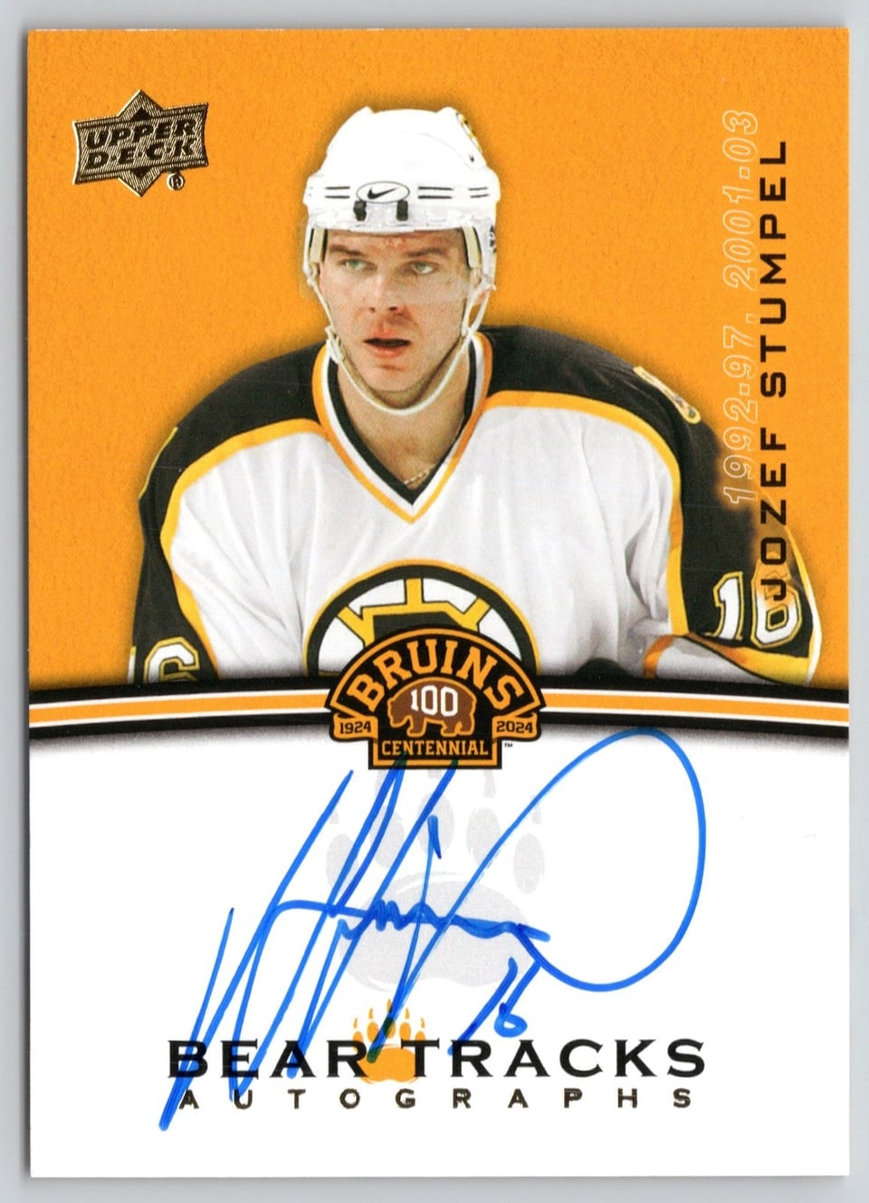 2023-24 Upper Deck Boston Bruins Centennial Bear Tracks Autographs Jozef Stumpel #BT-ST card