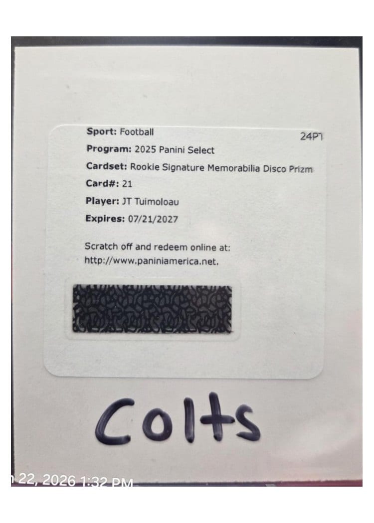 2025 Panini Select Rookie Signature Memorabilia JT Tuimoloau #21 card