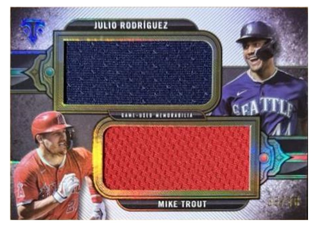 2024 Topps Triple Threads Dual Jumbo Relics Julio Rodríguez / Mike Trout #DJR-TR card