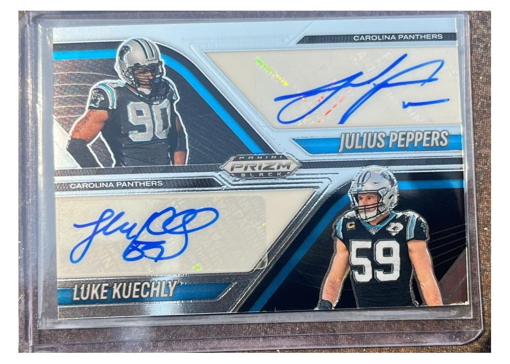 2025 Panini Prizm Black Dual Autographs Julius Peppers/Luke Kuechly #9 card
