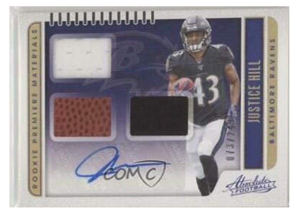 2019 Panini Absolute Rookie Premiere Materials Autos Justice Hill #225 card