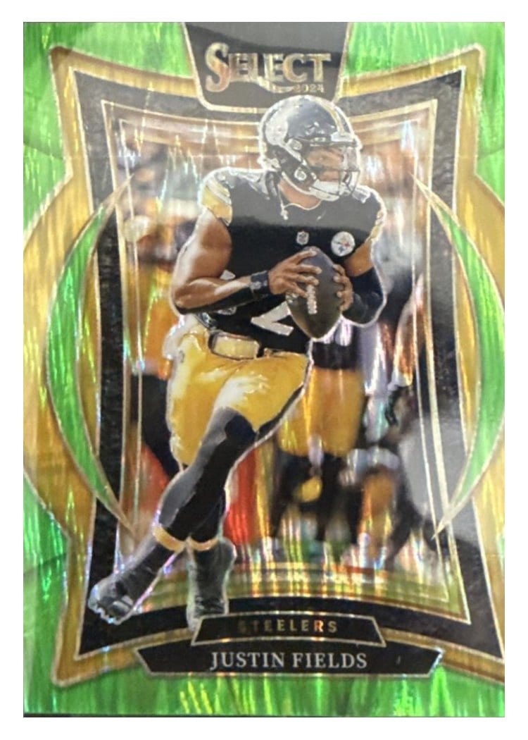 2024 Panini Select Base Set Justin Fields Neon Green Prizm Shock #74 card