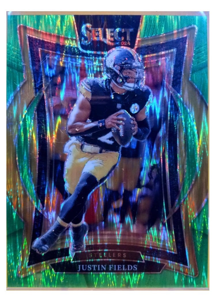 2024 Panini Select Base Set Justin Fields Green Prizm Shock #74 card