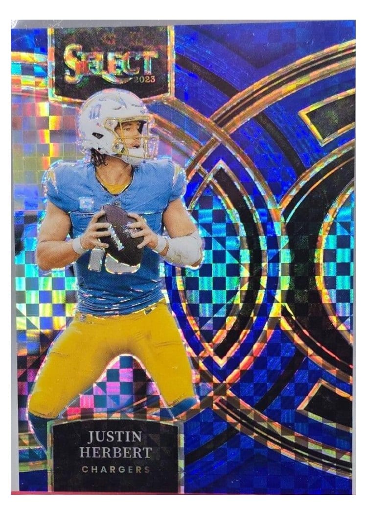 2023 Panini Select Base Set Justin Herbert Blue Prizm #136 card