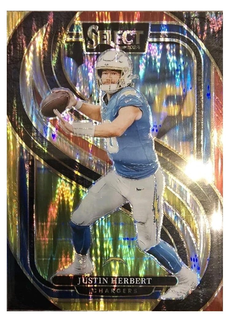 2024 Panini Select Base Set Justin Herbert Red Yellow Prizm Shock #131 card