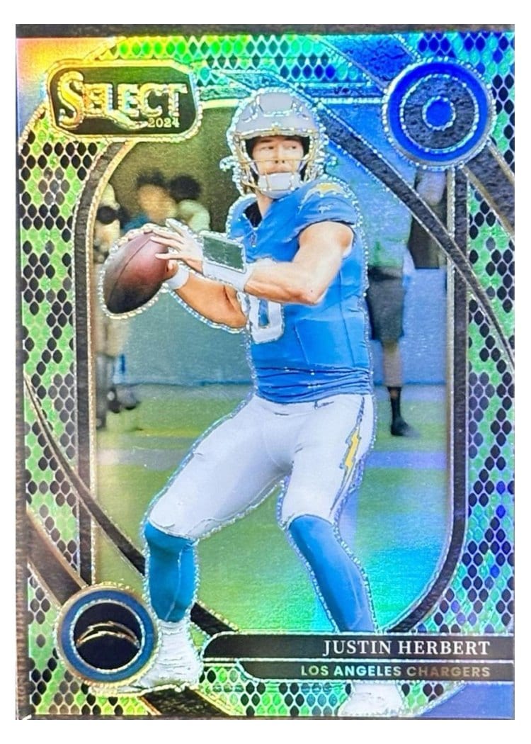 2024 Panini Select Base Set Justin Herbert Green Black Snakeskin Prizm #232 card