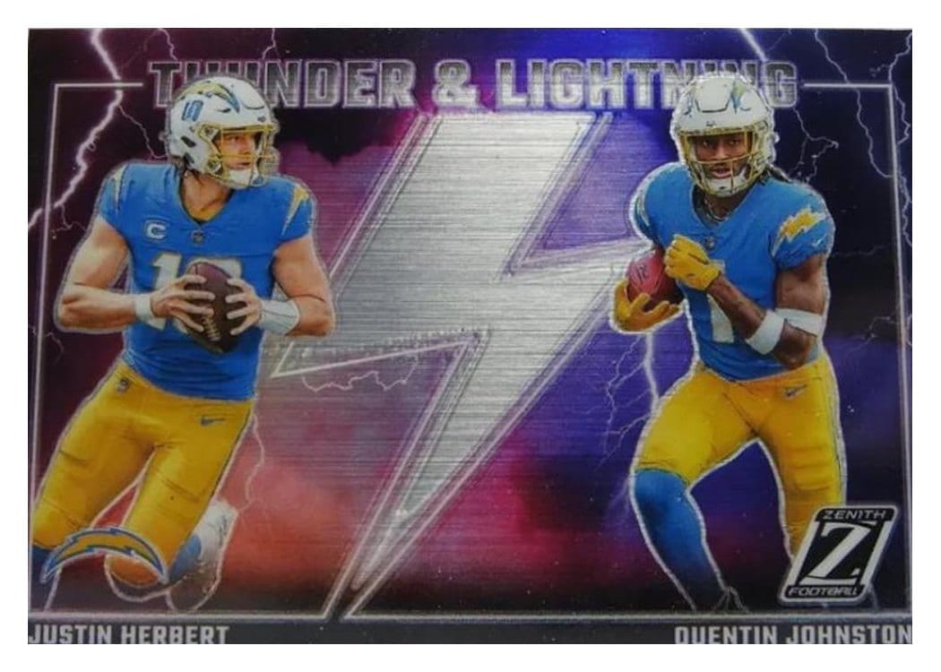 2023 Panini Zenith Thunder and Lightning Justin Herbert/Quentin Johnston #14 card