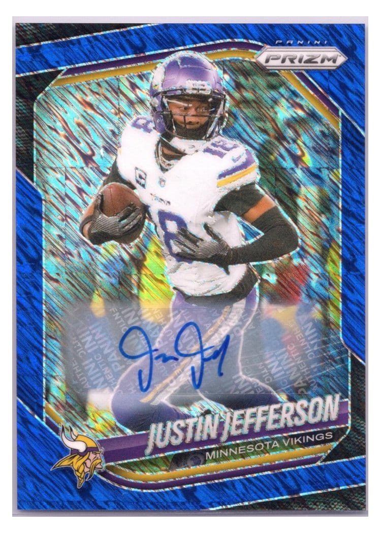 2025 Panini Prizm Base Set Justin Jefferson Blue Shimmer Autograph #81 card