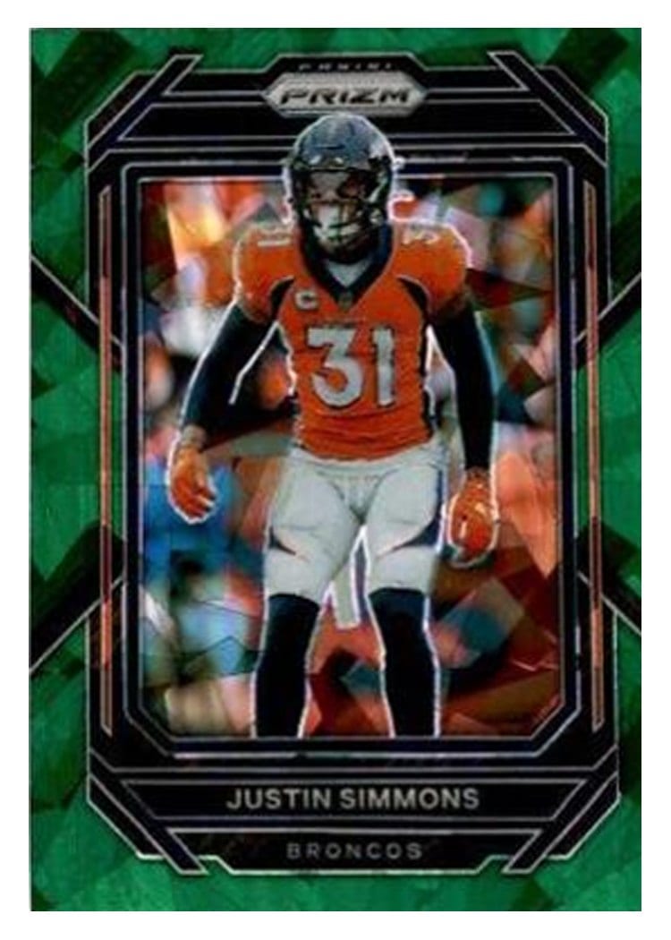 2022 Panini Prizm Base Set Justin Simmons Green Ice #91 card