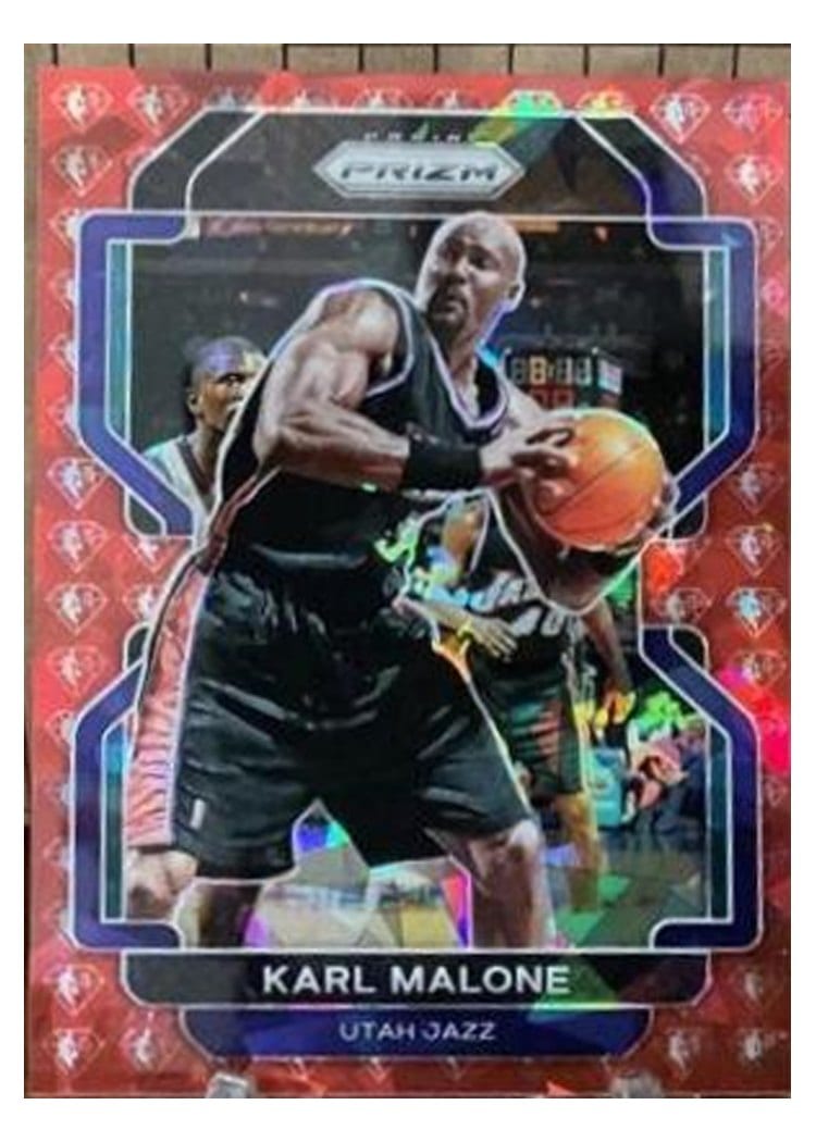 2021-22 Panini Prizm Base Set Karl Malone 75th Anniversary Red Diamond Prizm #259 card